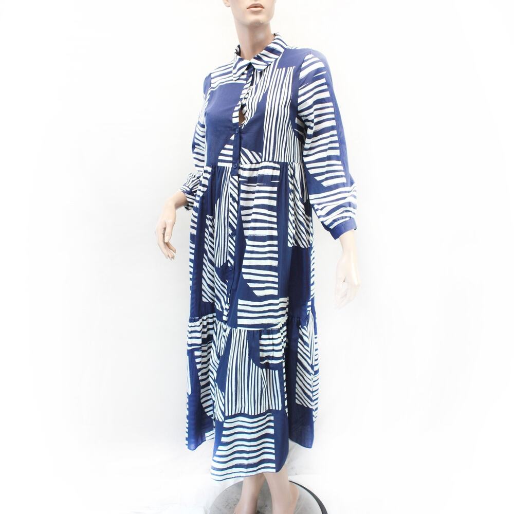 Zara modest buttoned long sleeve collared cotton navy blue midi dress Small